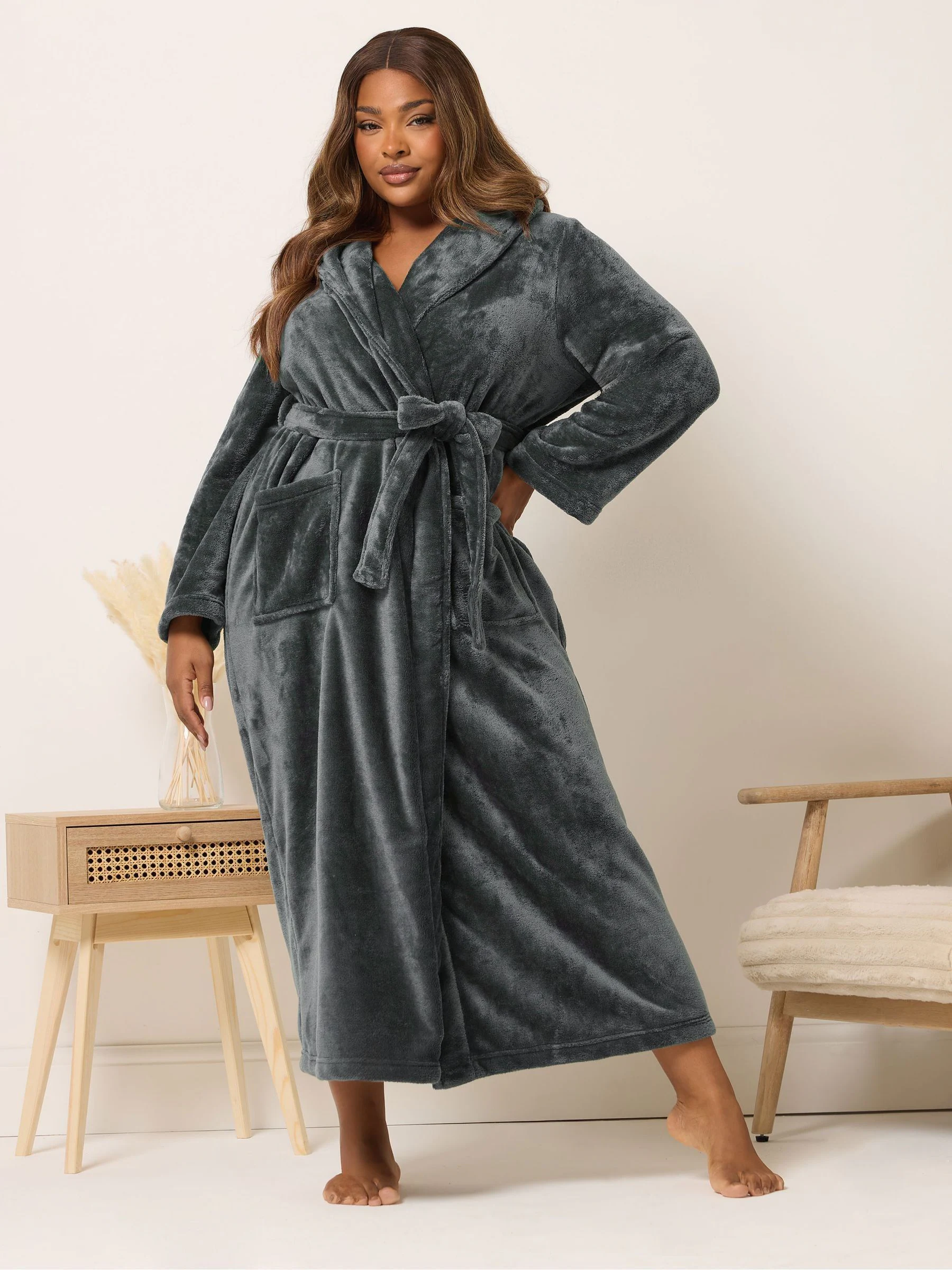 Grijs - Yours Curve Super Luxe Maxi-badjas met sjaalkraag