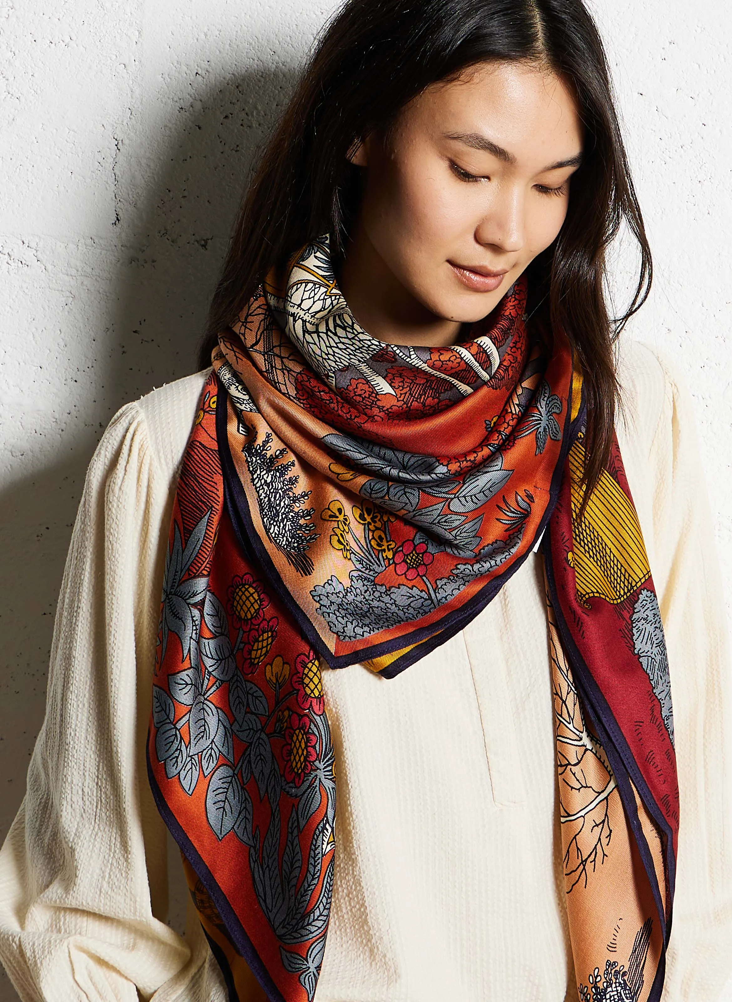 QUATRE SAISONS - Foulard en soie mélangée imprimé | Marron