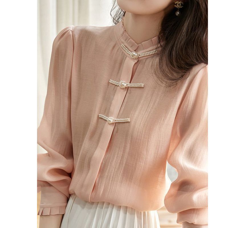 Jeonseon - Blouse met lange mouwen, col, effen volant en imitatieparels en kikkerknoopjes