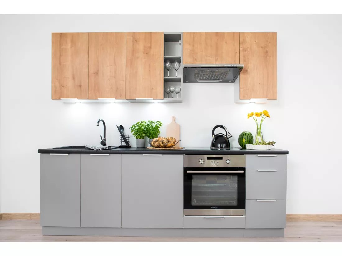 Cuisine complète Ela 8 éléments couleur chêne/gris clair - Longueur 240 cm