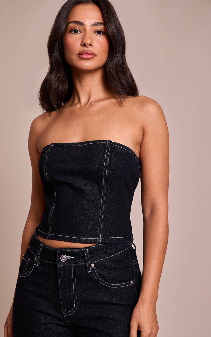 Bleu Indigo Top Bandeau En Denim Avec Détails De Coutures Petite
