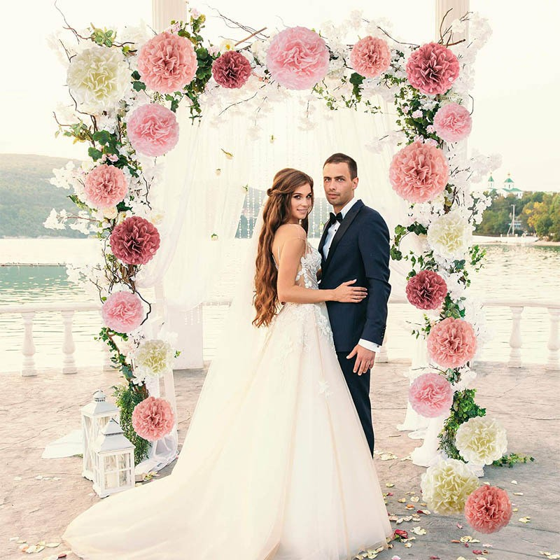 (16er Set) Papier Pompon's Deko Party / Geburtstag / Hochzeit - Rosa / Creme