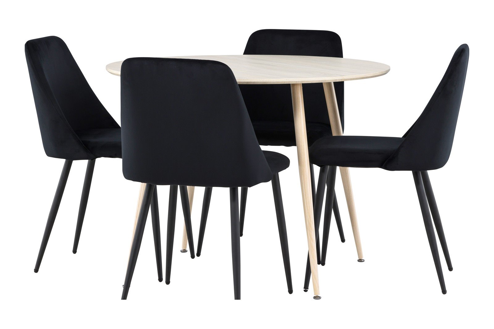 Plaza og Night Spisegruppe Plaza rundt spisebord ø120cm i hvit polert og hvit ben med 4 stk. Night spisestoler i Sort og sorte ben.
