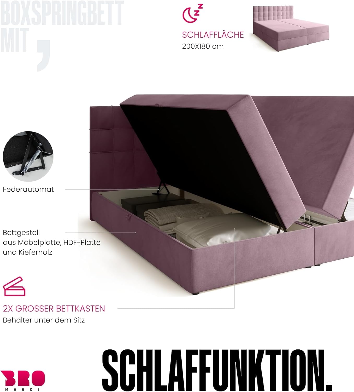 BROMARKT Boxspringbett mit Bonell Matratze und Bettkasten Doppelbett mit Topper 180x200cm Härtegrad H3 Bett für Schlafzimmer gepolsterte Kopfstütze Detroit Puderrosa