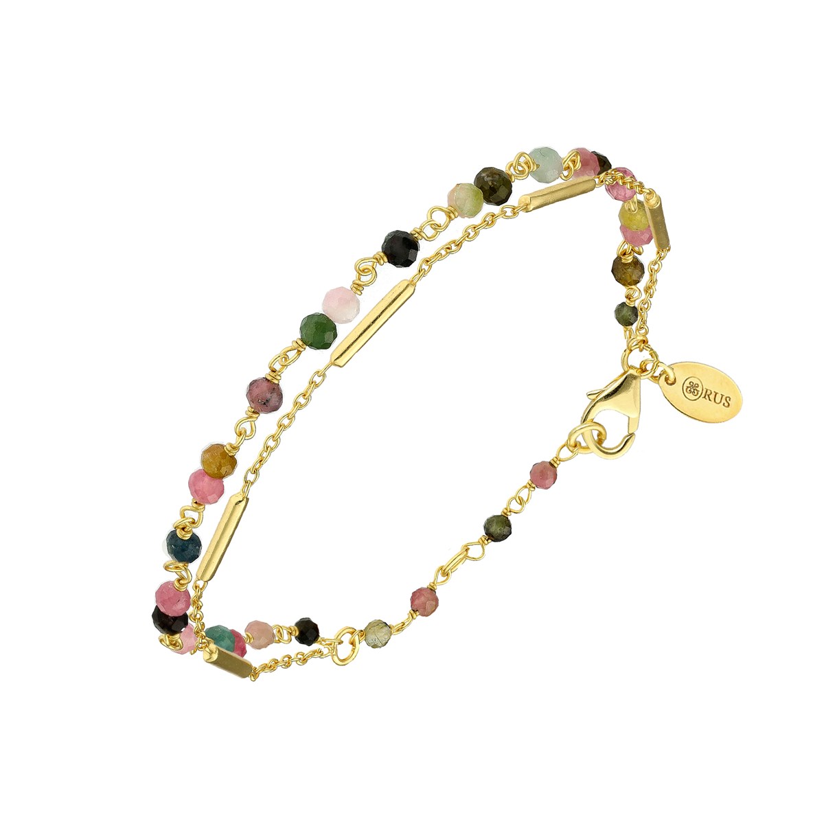 Bracelet Argent Doré Doubles Chaines Barrettes Pierre Multi-tourmaline