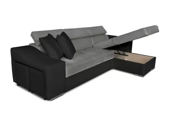 Canapé d'angle Elona convertible bi-matière Gris et Noir avec poufs de rangement à gauche - L264 x P162 x H75cm - Loungitude