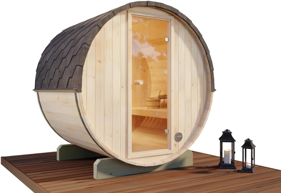 Fass-Sauna Mini XS, 194 x 160 x 194 cm Gartensauna, Outdoor Sauna mit 42 mm Wandstärke, inkl. Montagematerial, Glastür aus Sicherheitsglas, 3 Personen, inkl. Dachschindeln, Außensauna