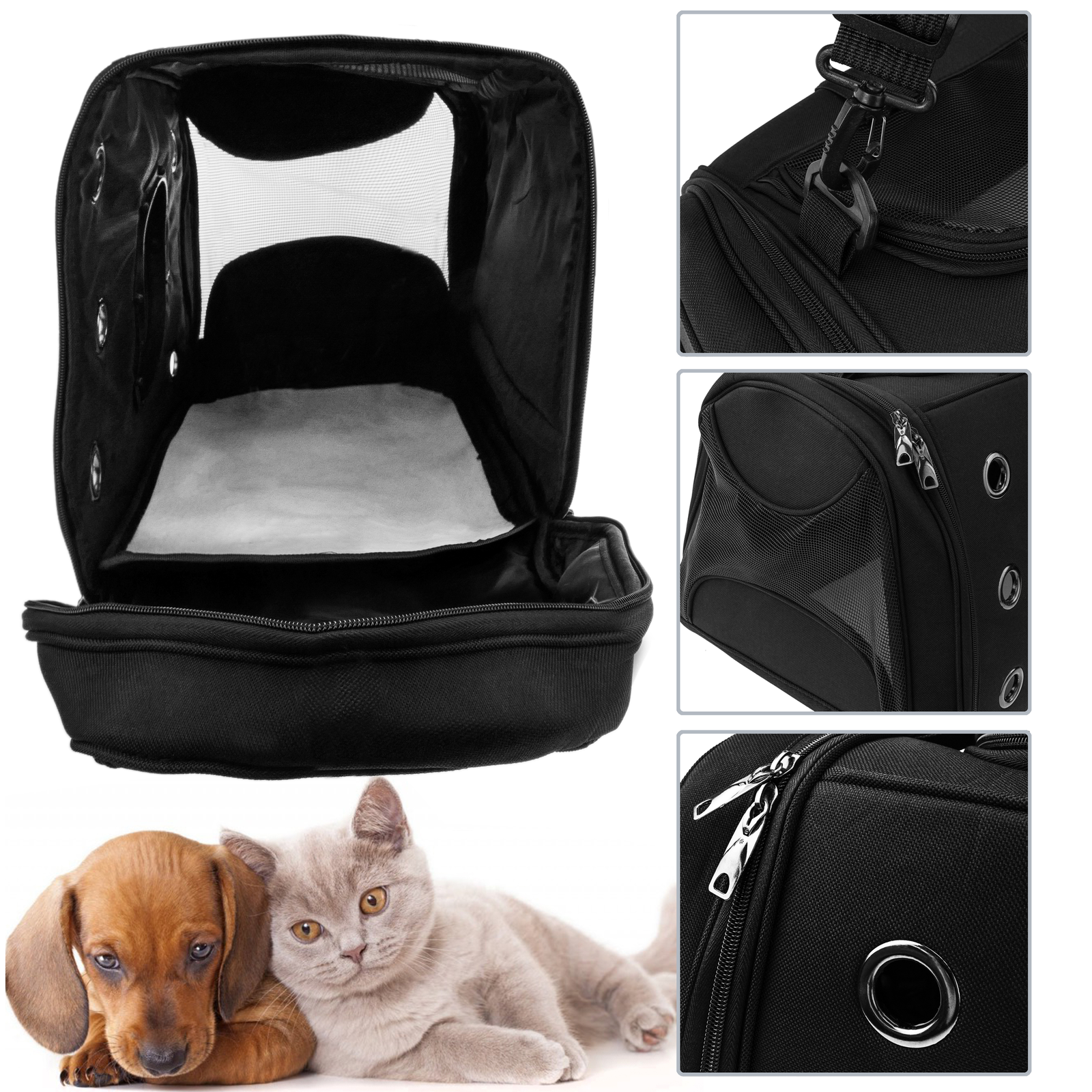Bolsa de transporte para animais de estimação, para cães e gatos, em lona preta.