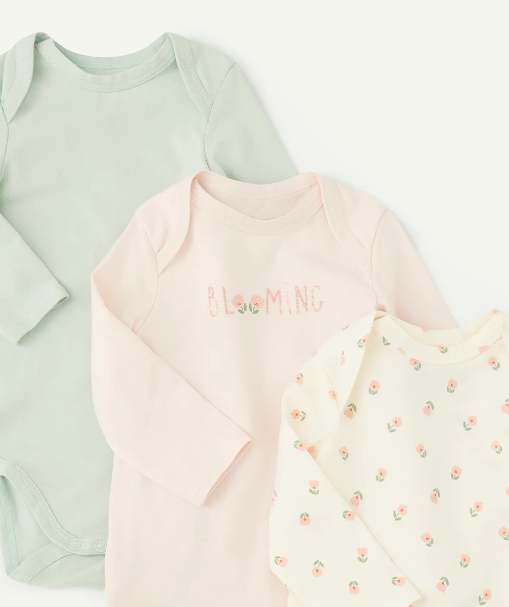 LOT DE 3 BODIES EN COTON BIOLOGIQUE VERT ET ROSE