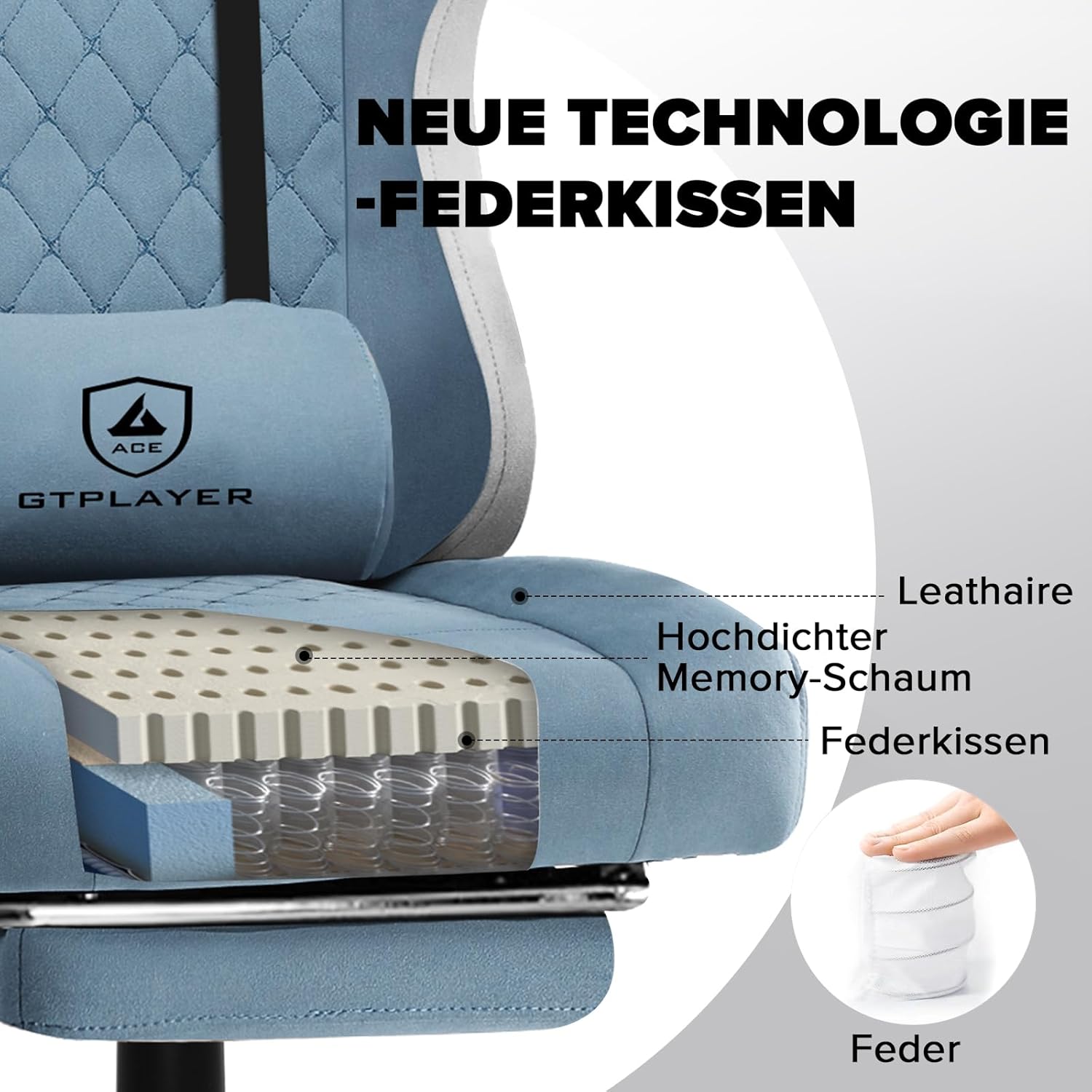 GTPLAYER Gaming Stuhl Ergonomischer Gaming Sessel Schreibtischstuhl mit Stoffoberfläche, Federsitzkissen, Verbindungsarmlehnen und Fußstütze Hellblau