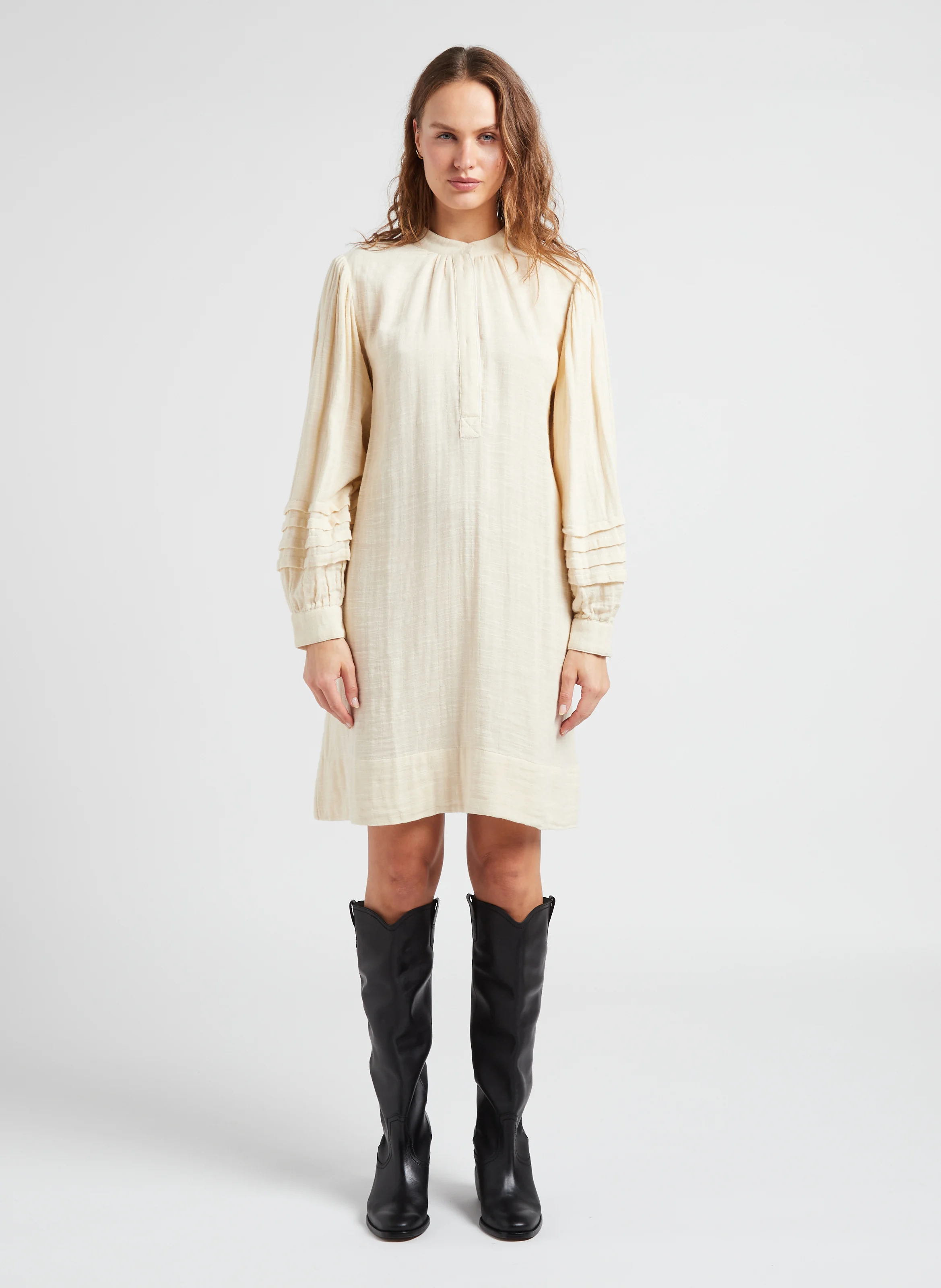 PREETI - Robe mi-longue col rond en coton| Beige