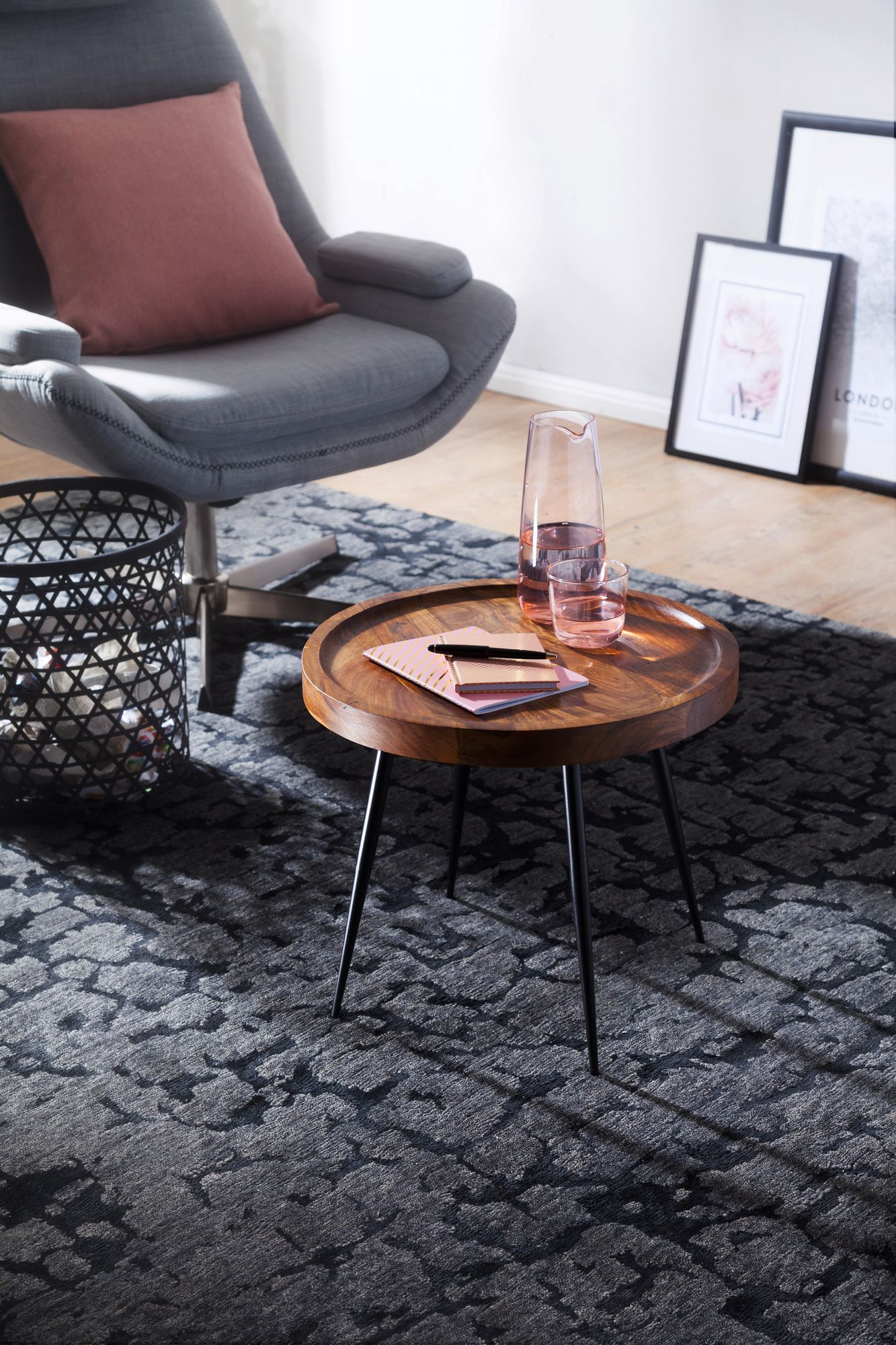 FineBuy Beistelltisch rund 46x40x46cm Sheesham massiv Holz Metall Couchtisch