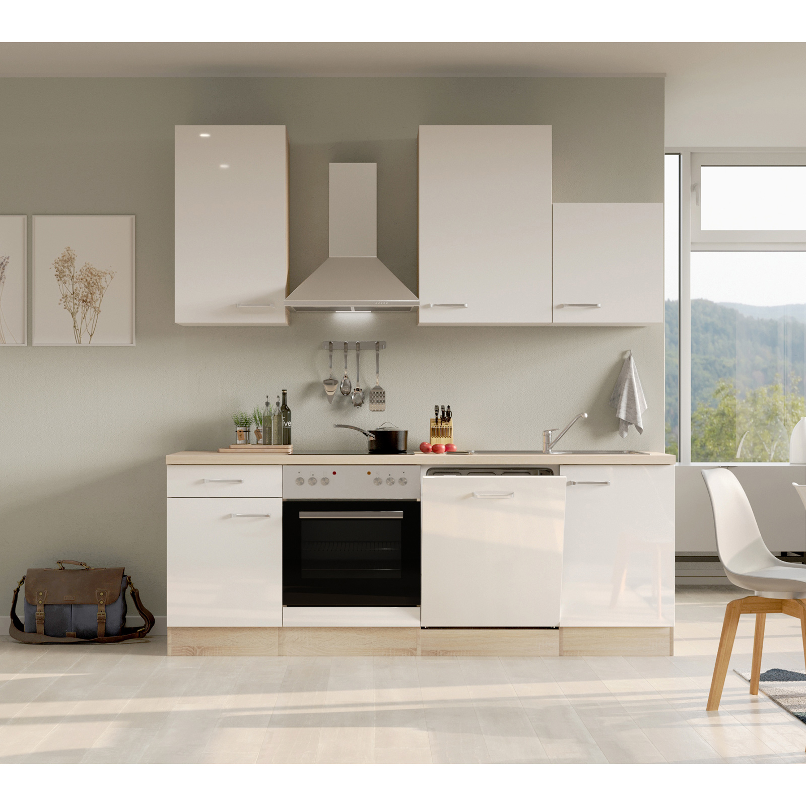 Küchenblock VALERO - Sonoma Eiche-weiß Hochglanz - mit E-Geräten - 220 cm