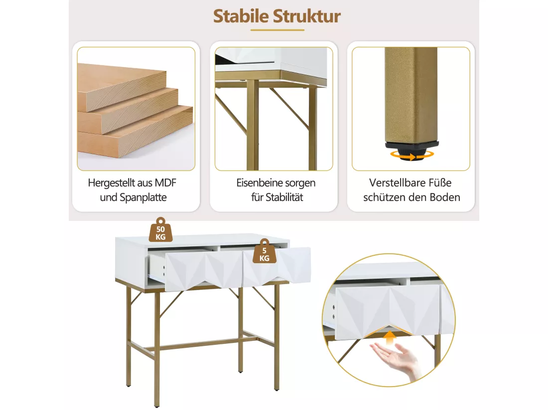 Table console moderne avec 2 tiroirs - 80 x 40 x 80 cm - MDF - pour salon, couloir - blanc + or