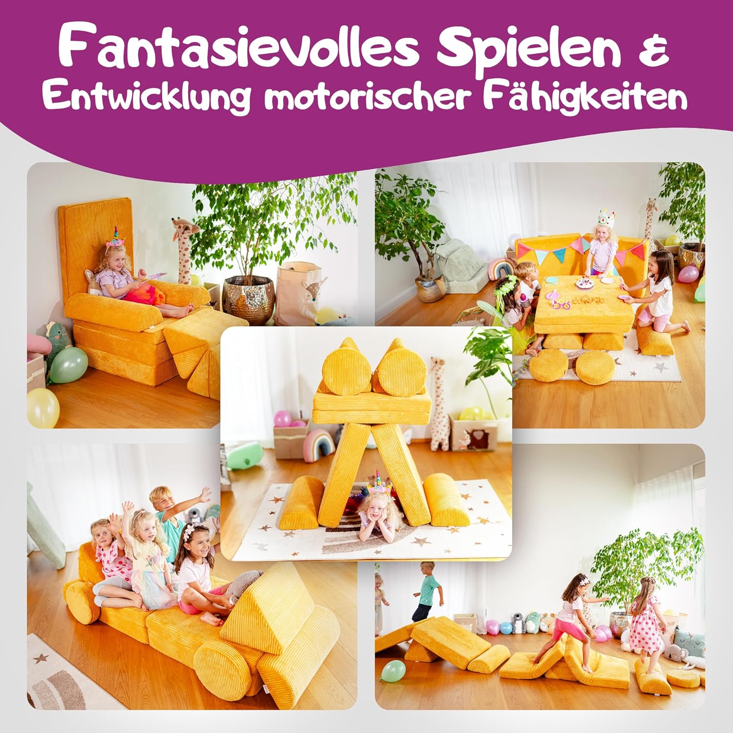 Linodino® Spielsofa Cord Fantasiewelt, Kindersofa-Bausteine - Stapelsteine für Kinder - Kindercouch, Sofa-Kuschelecke | Schaumstoff-Softbausteine | Oeko-TEX 100 Zertifiziert | Gänseblümchen Gelb