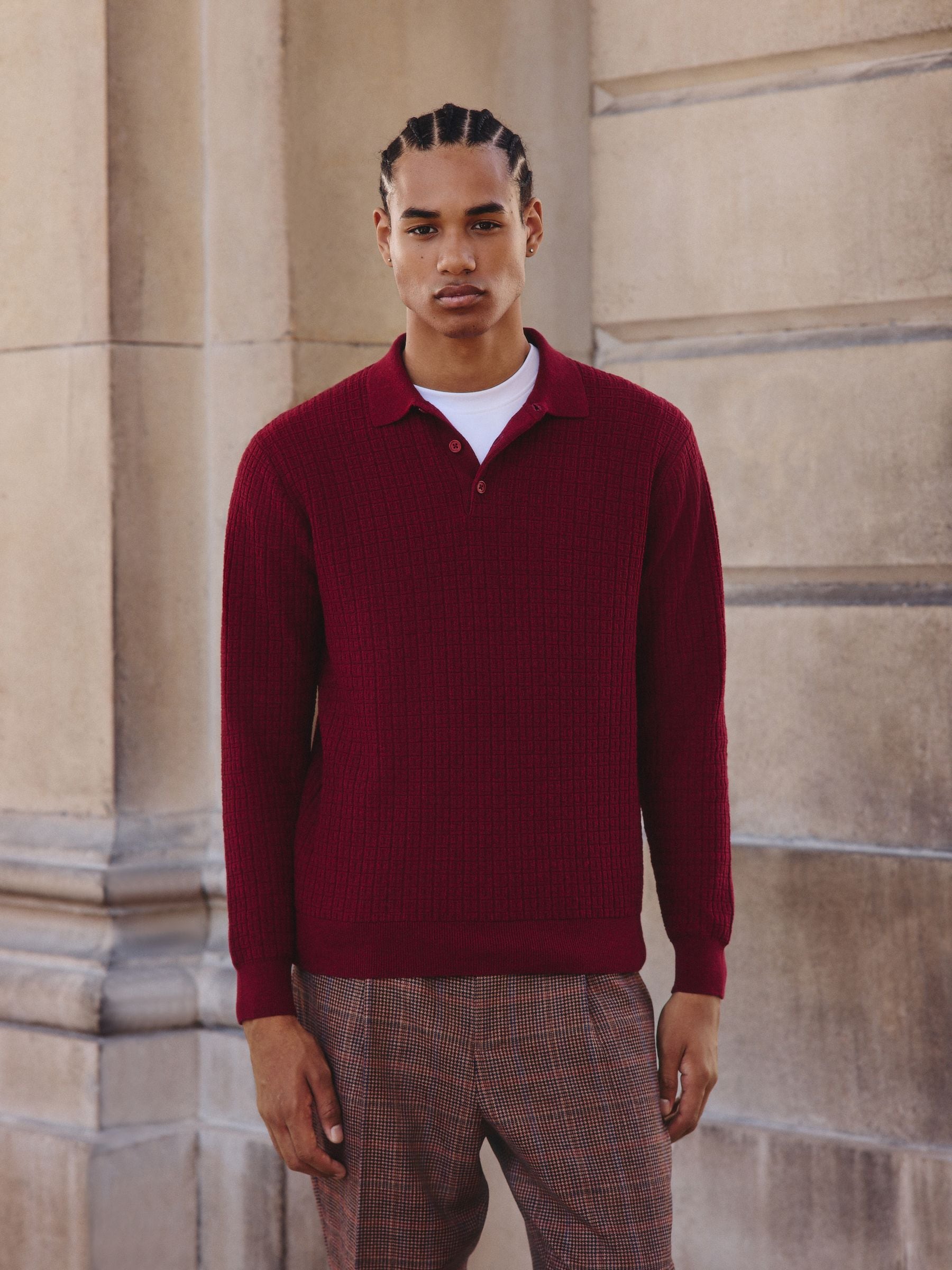 Rood - Textuur - Regular Fit Essential Long Sleeve Knitted Polo Shirt