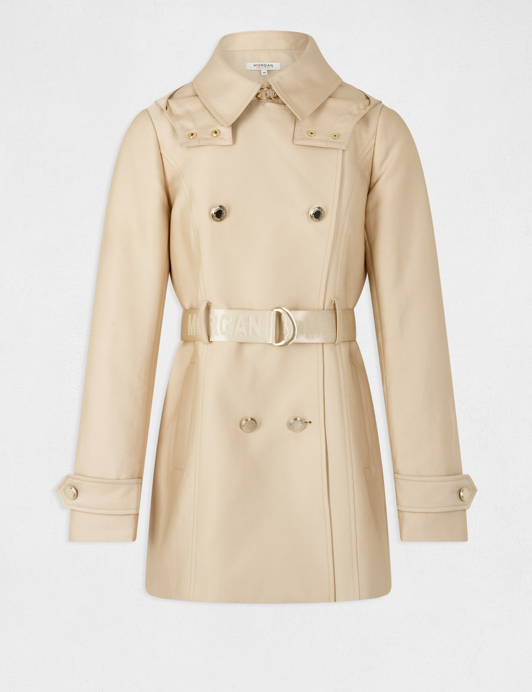 Trench droit ceinturé à capuche beige femme - beige