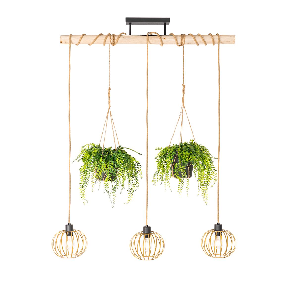 Landelijke hanglamp goud met hout 3-lichts - Yura