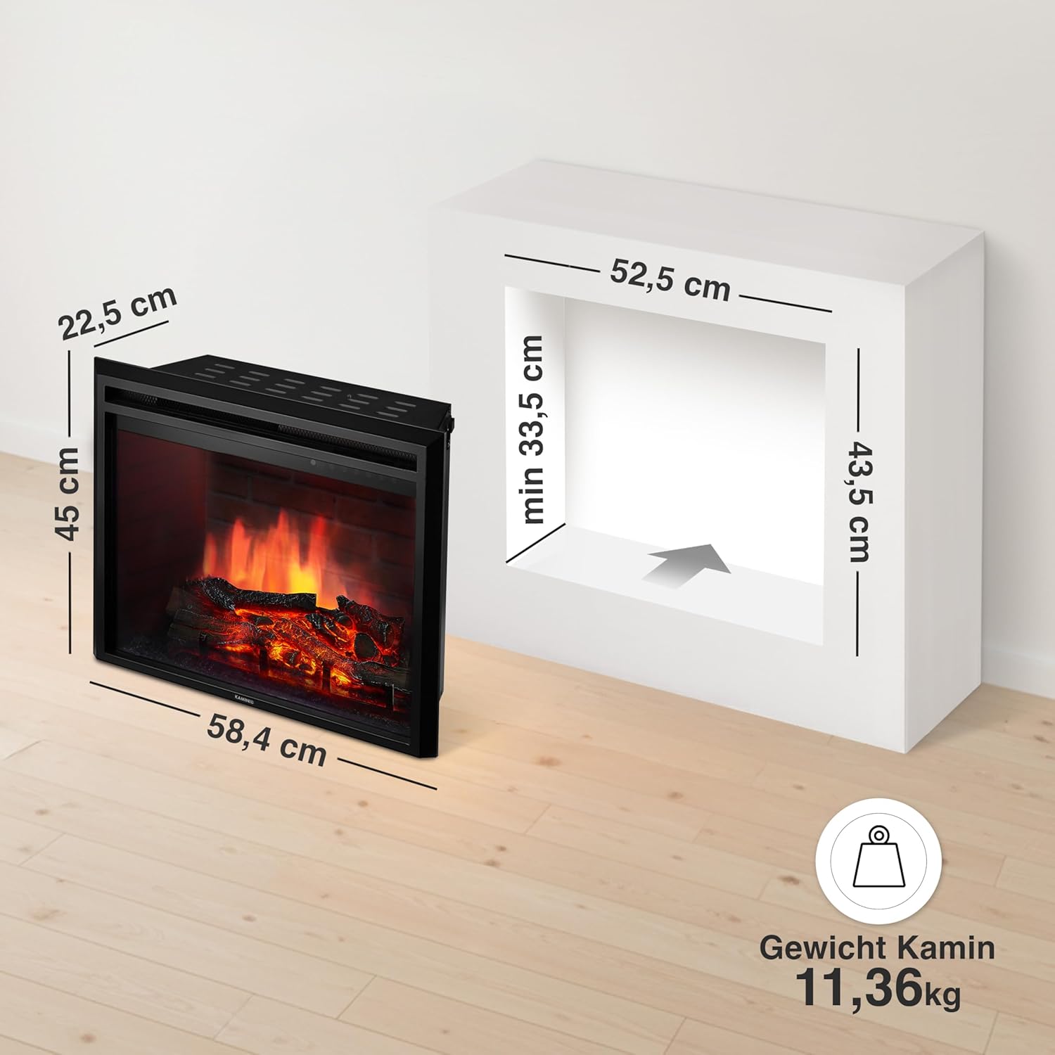 Elektrokamin Luca - Elektrischer Einbaukamin mit Heizung, 3D-Flammeneffekt, 12 Flammenfarben, Fernbedienung (23 Zoll)