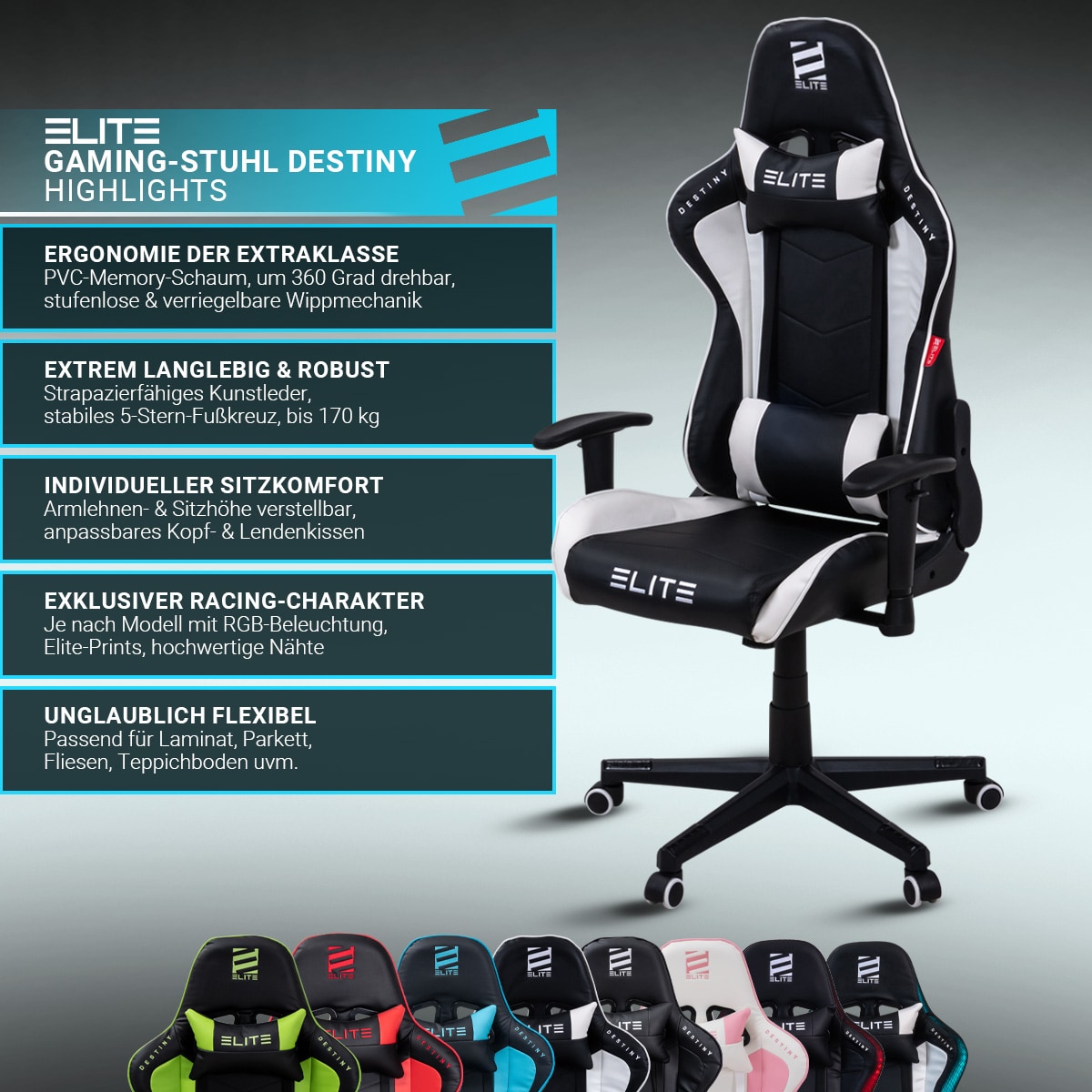 ELITE Gaming-Stuhl DESTINY, Rücken- und Nackenkissen, Wippmechanik, bis 170kg, Sitzhöhe 45-55, MG200 (Schwarz/Grün)
