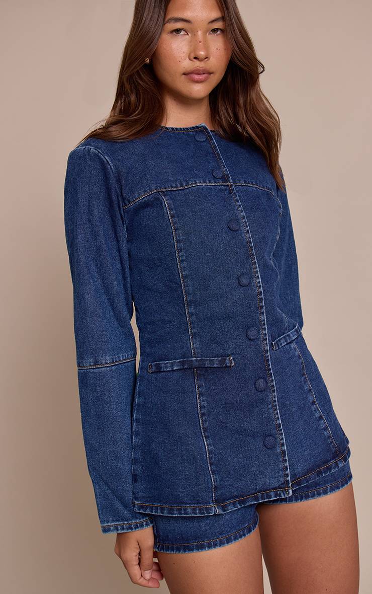 Mid Blue Wash Short En Jean Taille Haute Bleu Moyen