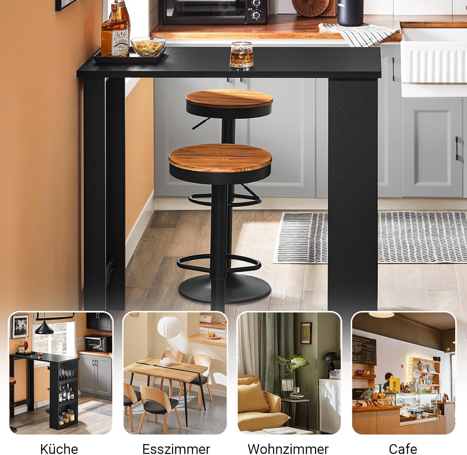SoBuy Küchentheke Bartisch mit 3 Ablageflächen, Stehtisch für Kleine Räume, Hoher Tresentisch für Küche, Wohnzimmer oder Büro Schwarz 112 x 106 x 57 cm FWT17-II-SCH