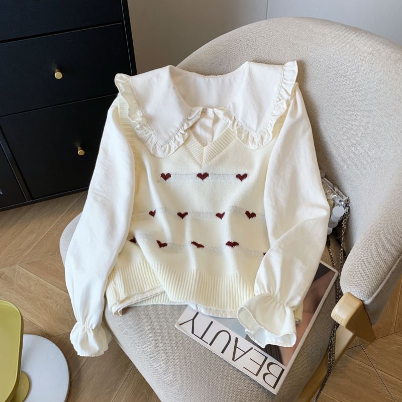 Dute - Set: Blouse met lange mouwen, Peter Pan-kraag en effen volantrand + V-hals trui met hartjesprint