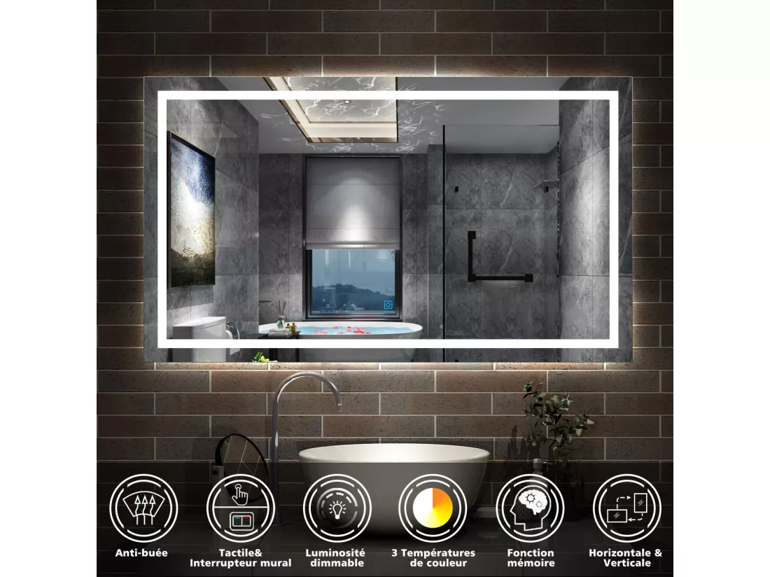 AICA Miroir LED Salle de Bain 120x70cm Dimmable avec 3 couleurs， Anti-Buée et Fonction Mémoire