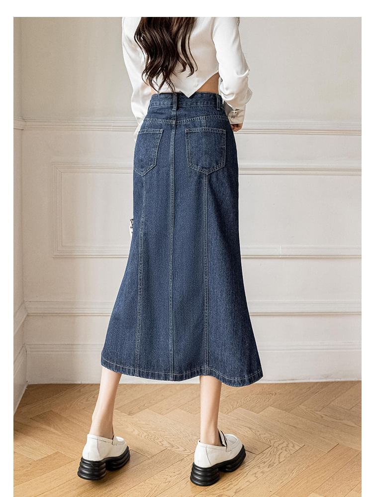 Cassidy - Midi-rok met hoge taille en split in gewassen denim