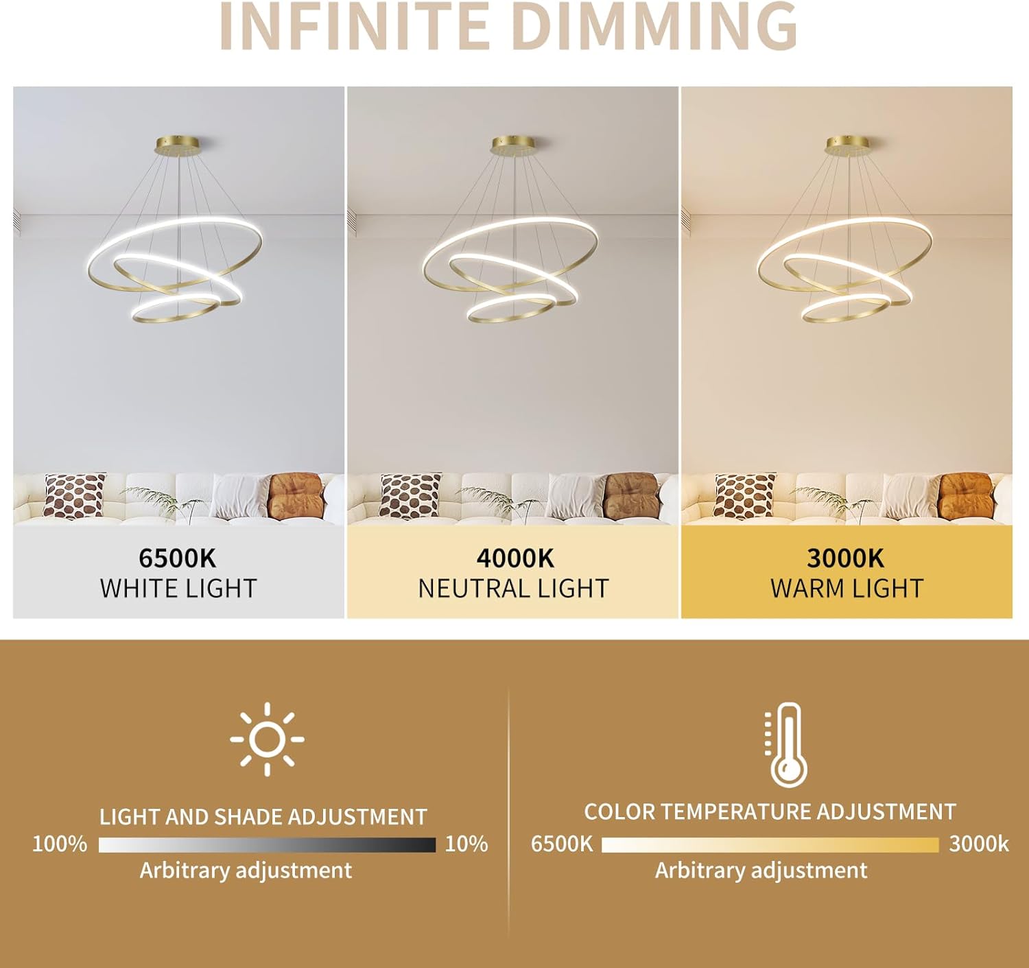 LED-Pendelleuchte, dimmbare Acryl-3-Ring-Pendelleuchte, goldene moderne Pendelleuchte, Esstisch für Kücheninsel, Esszimmer, Wohnzimmer, Schlafzimmer, Eingangshalle, hängend, 40 + 60 + 80 cm, 82 W