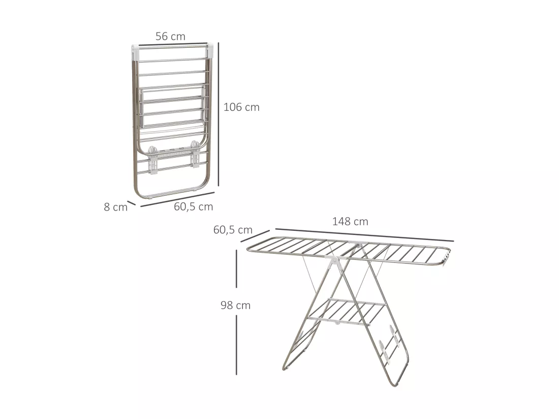 Séchoir à linge pliable sur pied - étendoir 2 niveaux ajustables - acier PP blanc