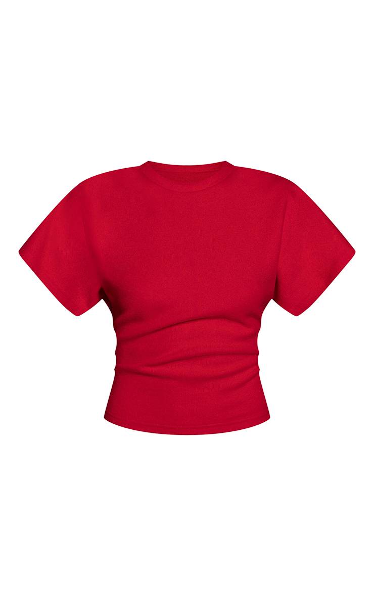 Rouge T-shirt Côtelé Épais À Taille Froncée