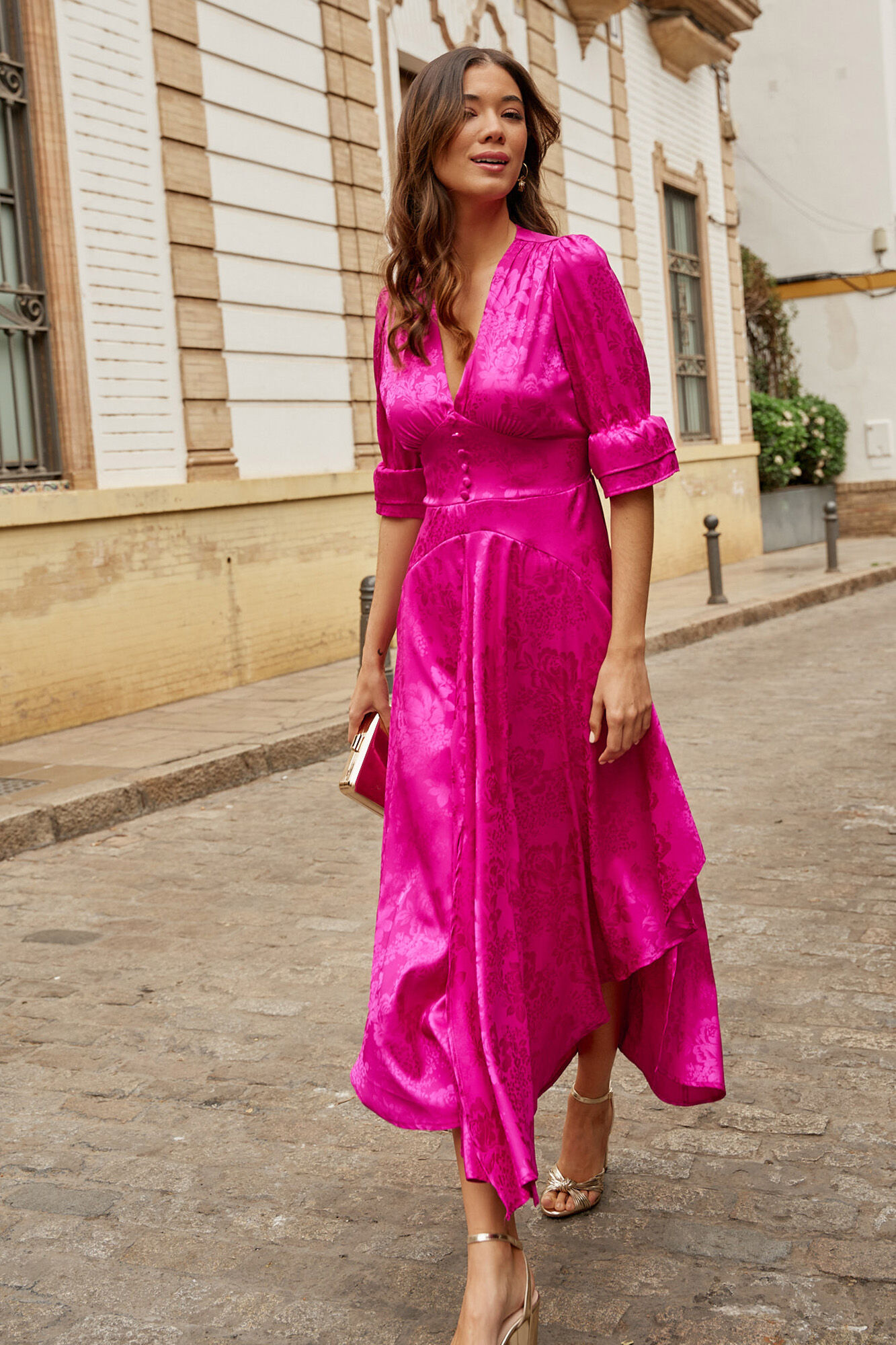 Vestido longo com estampa de buganvílias - Roxo