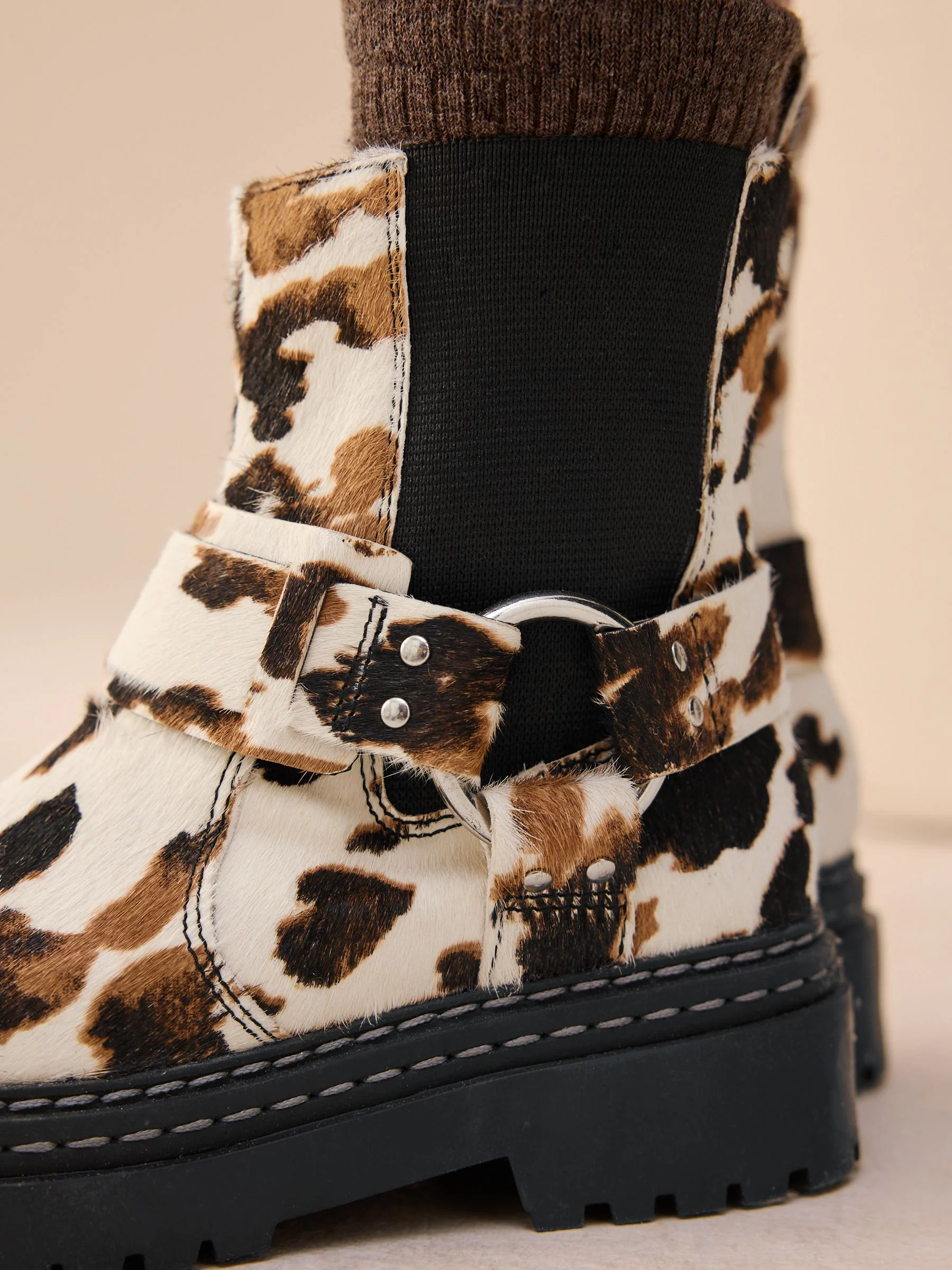 Koeienprint - Leren chunky harnesslaarzen