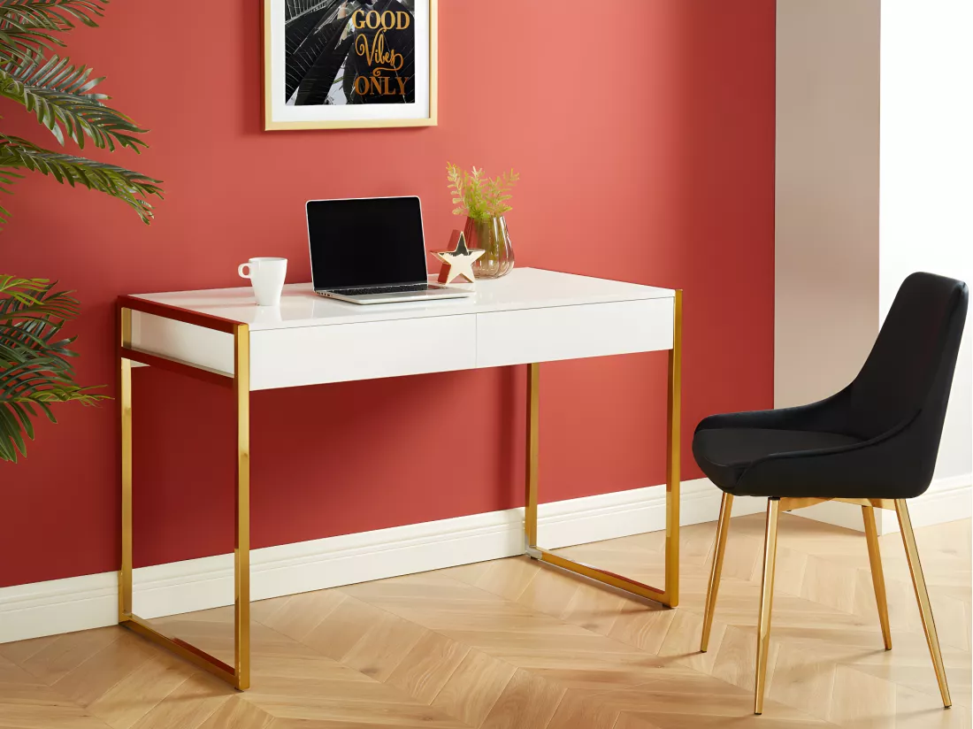 Bureau avec 2 tiroirs - MDF laqué et métal - Blanc et doré - MASON de Pascal Morabito