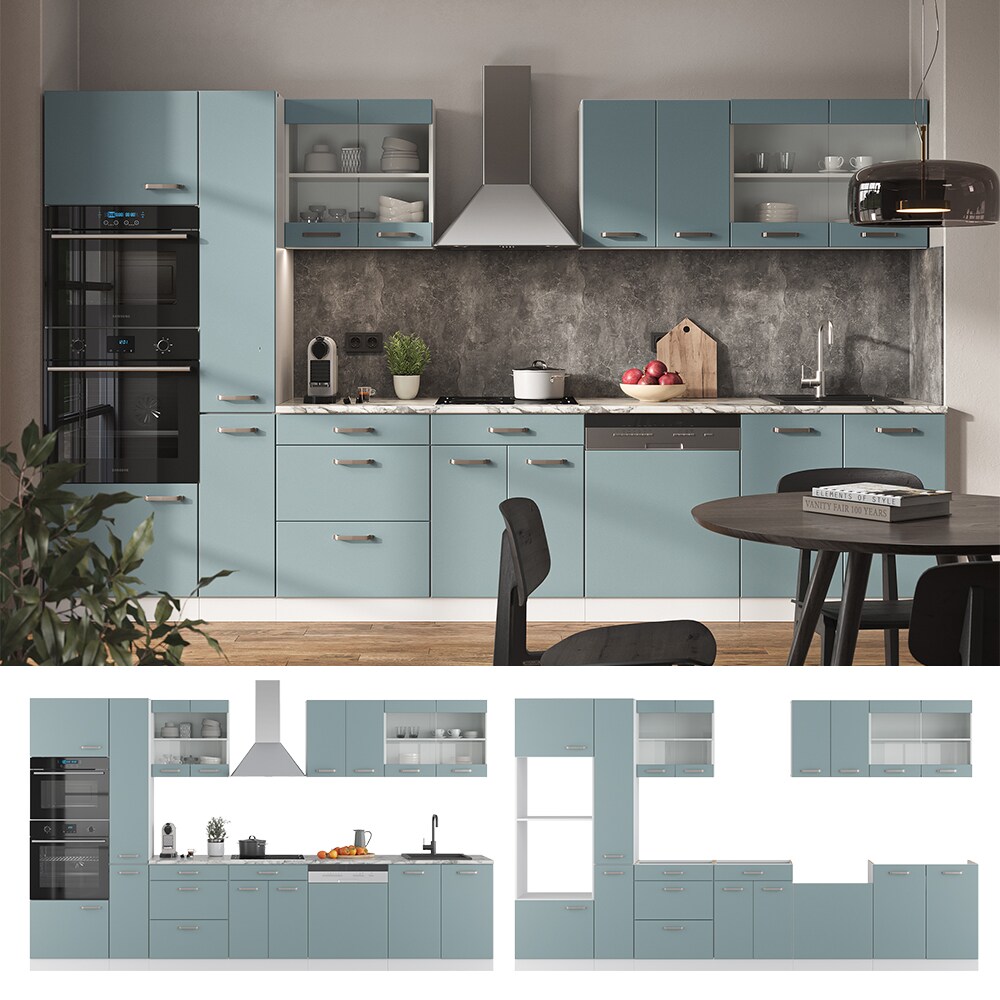 Vicco Küchenzeile R-Line Solid Weiß Blau Grau 350 cm modern Küchenschränke Küchenmöbel