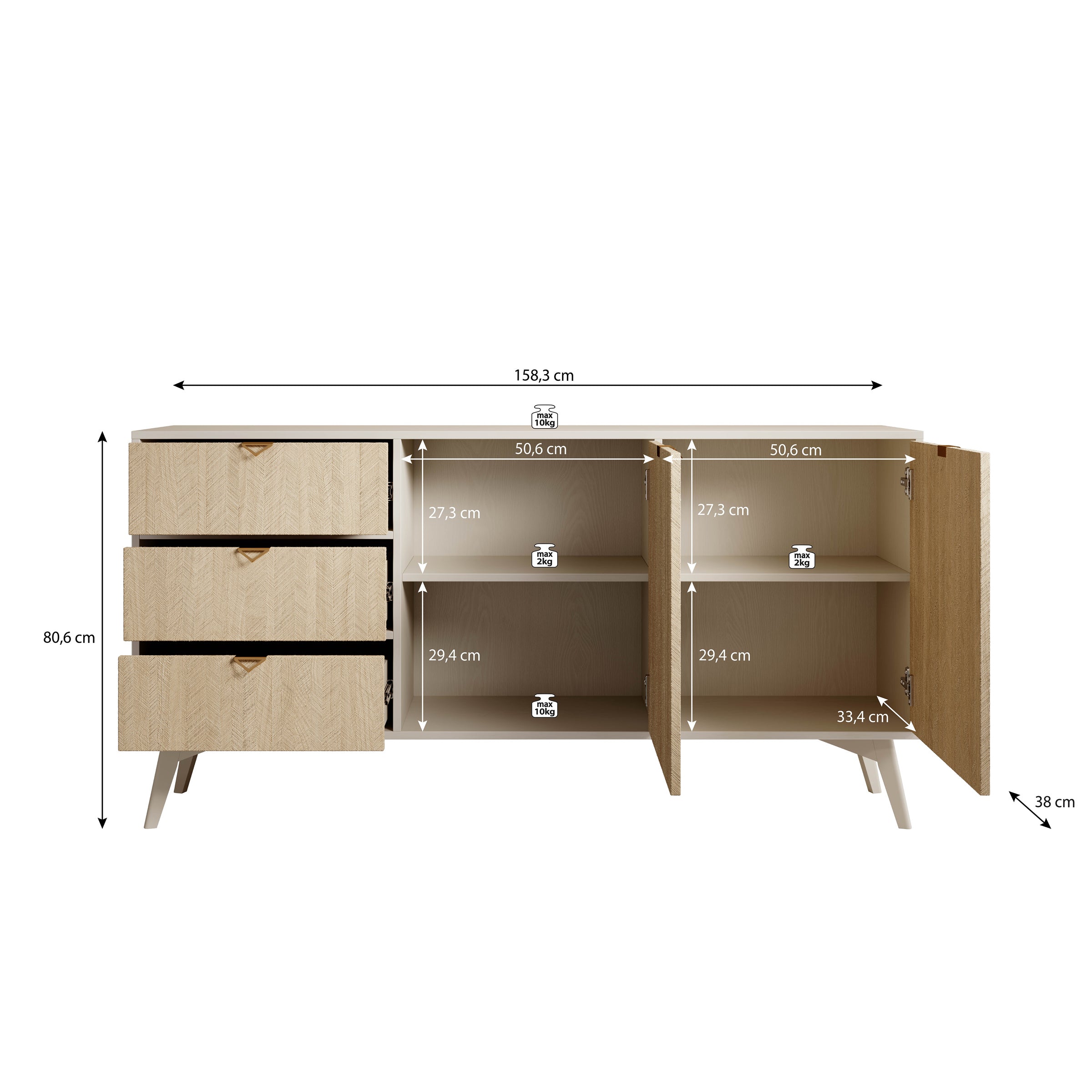 Meubella - Dressoir Essence - Beige - Licht eiken - 158 cm