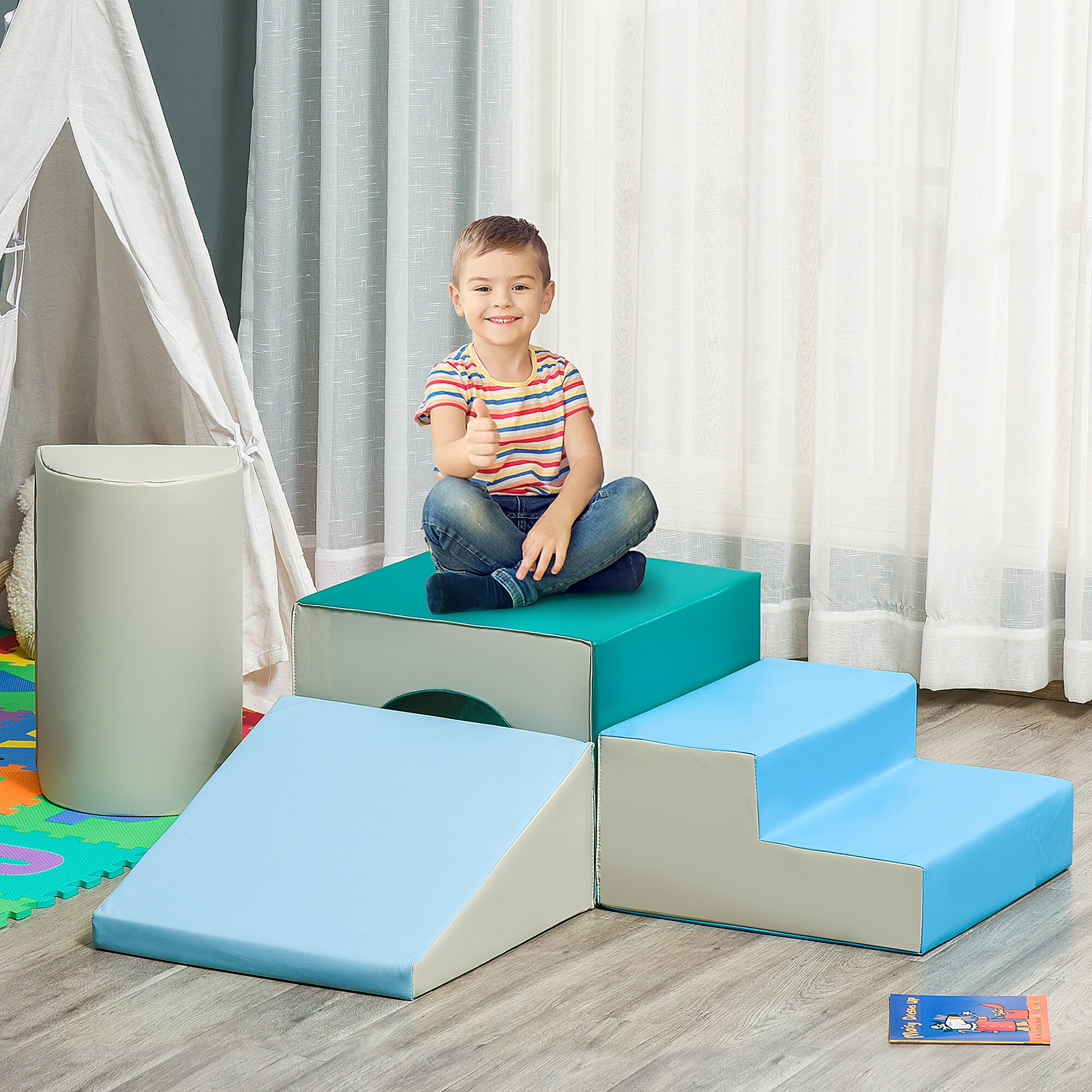HOMCOM Bausteine 4er-Set Bausteine Schaumstoffblöcke, einfache Reinigung Hellgrau,Blau.Grün 150 x 50 x 39 cm (LxBxH)