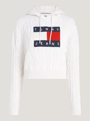 Moletom cropped com capuz e emblema de bandeira em tricô