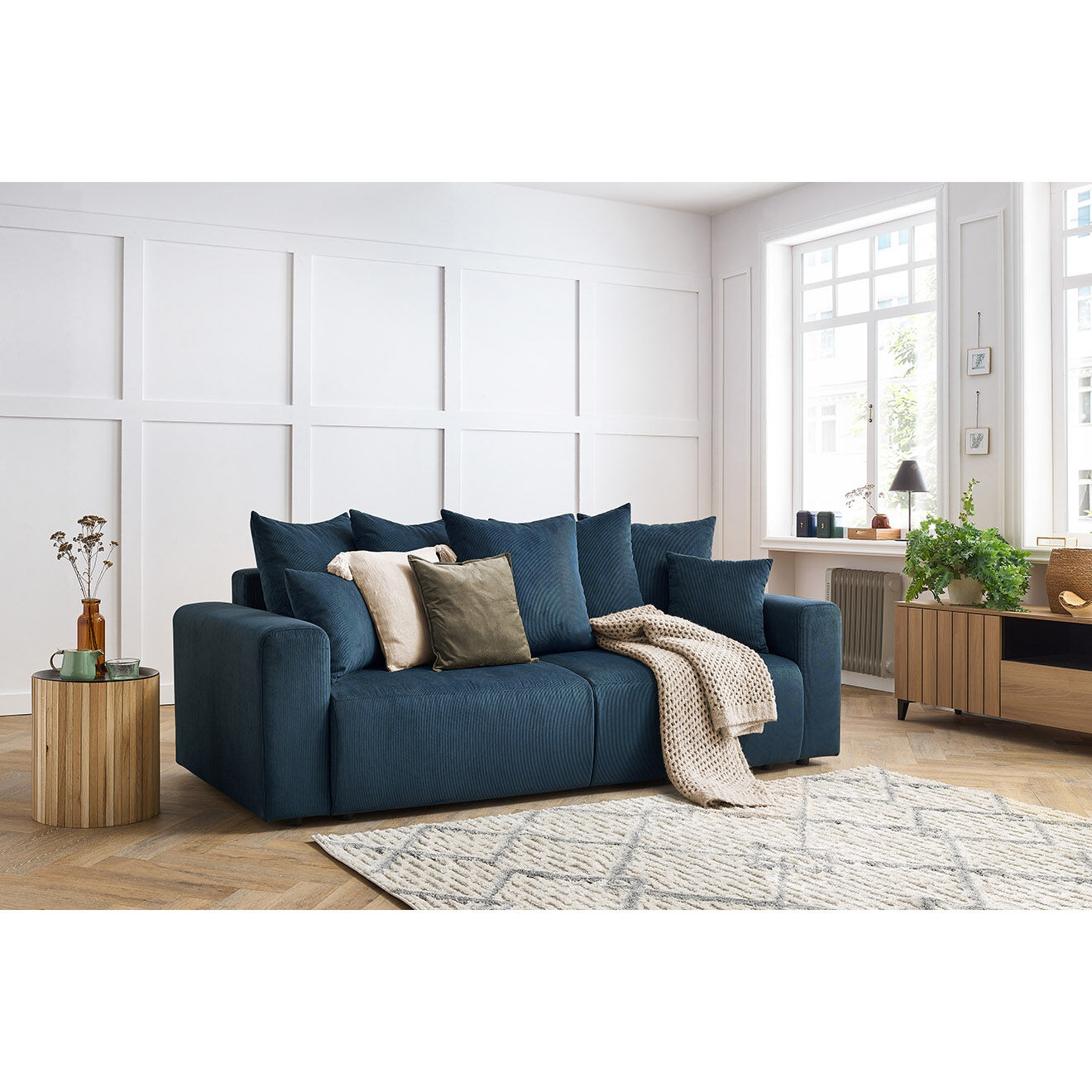 Bobochic Canapé droit fixe 3 places envy velours côtelé bleu foncé - 240x100x95 cm