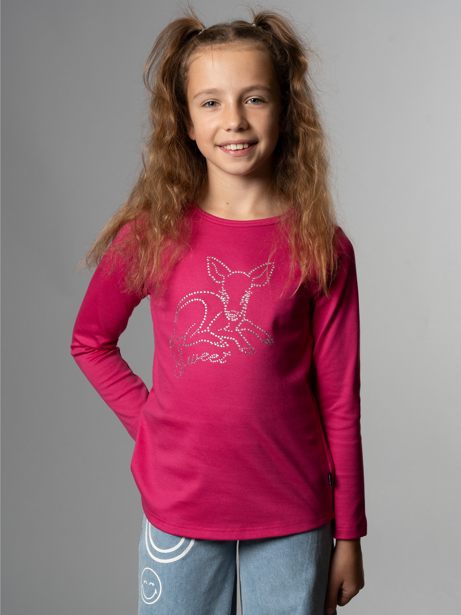 Langarmshirt mit süßem Reh-Glitzer-Print Hibiskus