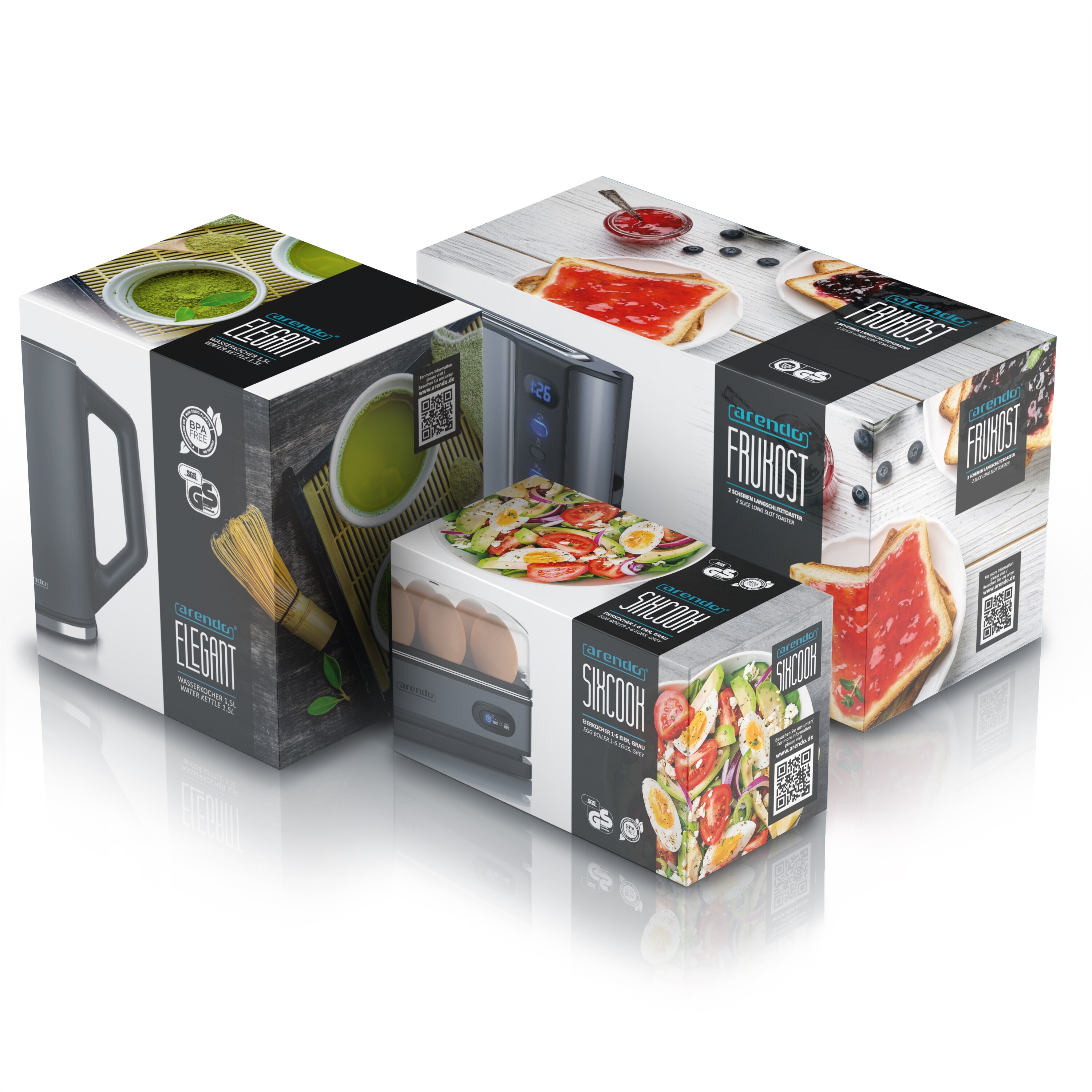 Arendo Frühstücks Set in Grau - Wasserkocher / Langschlitz Toaster / Eierkocher