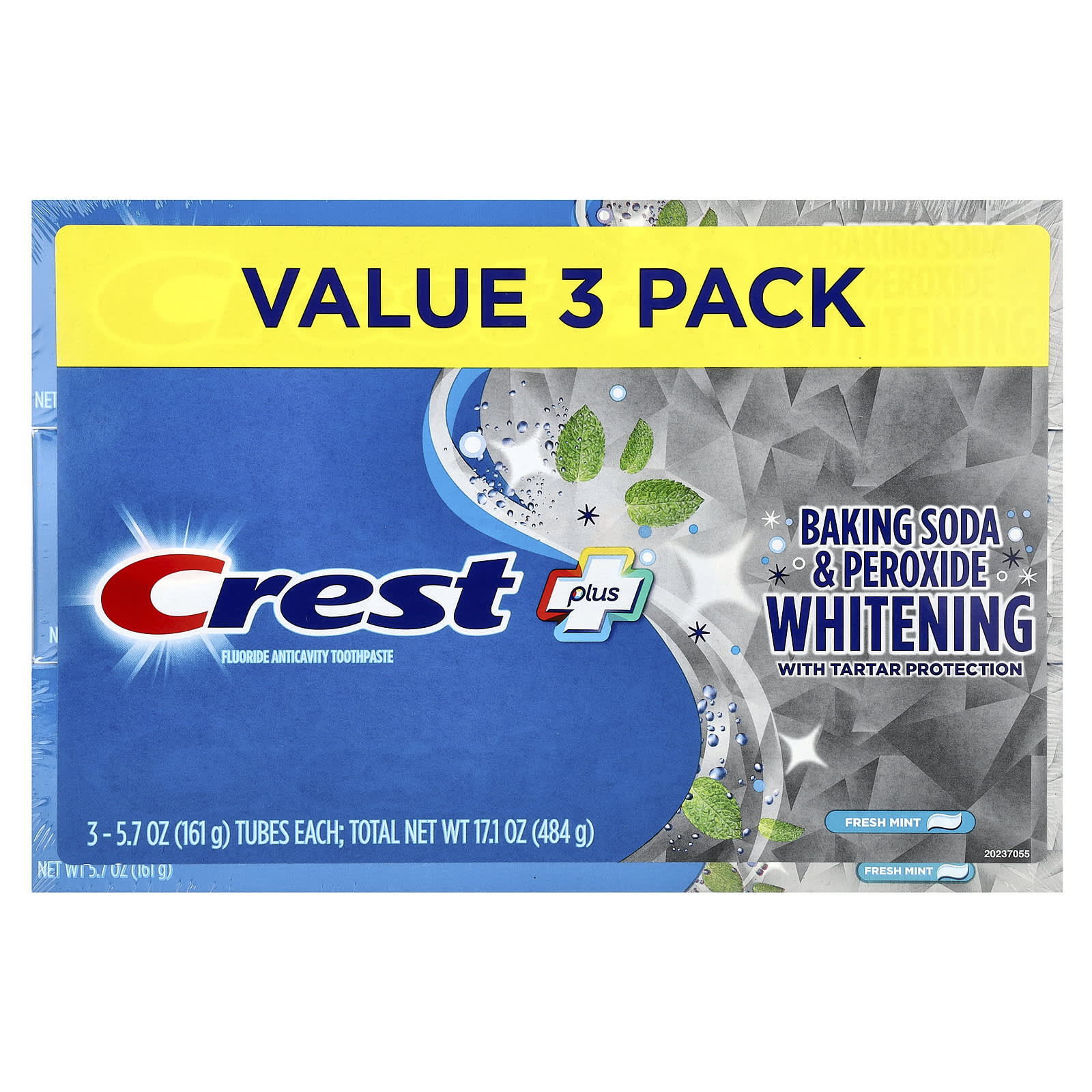 Crest, Plus, fluoride tandpasta tegen gaatjes, zuiveringszout en peroxide, frisse munt, 3-pack, 161 g per stuk
