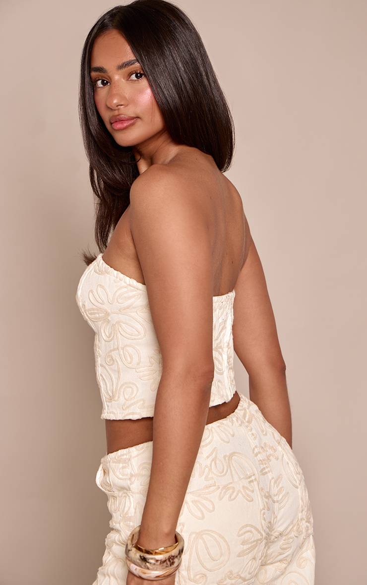 Ecru Top Bandeau En Denim Brodé Floral Petite
