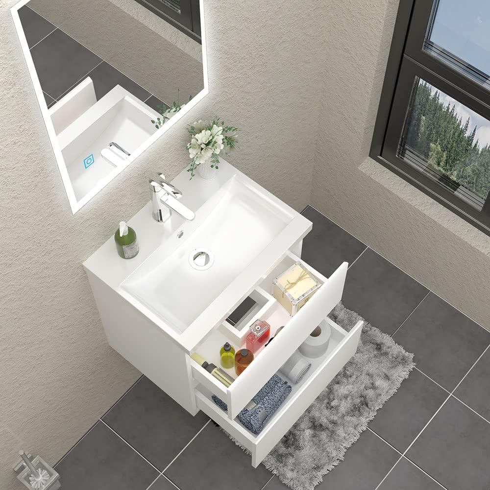 Waschbecken mit Unterschrank Badezimmer 50 cm Breit Badmöbel Set mit Waschbecken und 2 Soft-Close Schubladen Waschtisch Unterschrank Weiss für Badezimmer Hängend