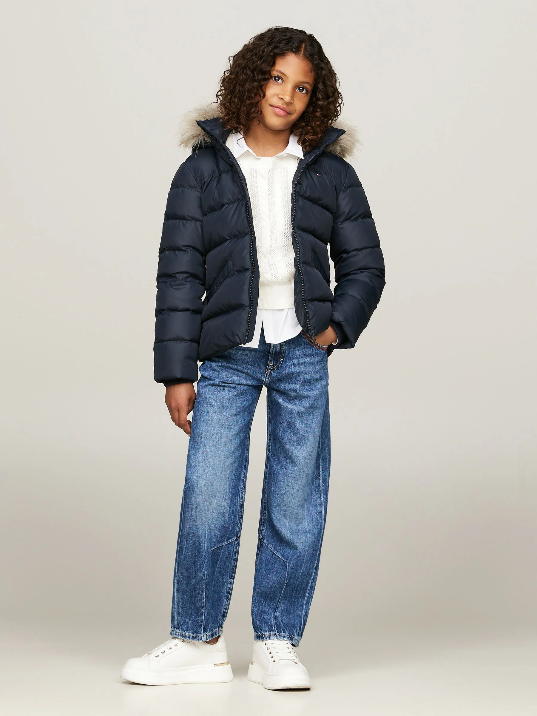 Blauw - Tommy Hilfiger Essential donsjack met capuchon van imitatiebont