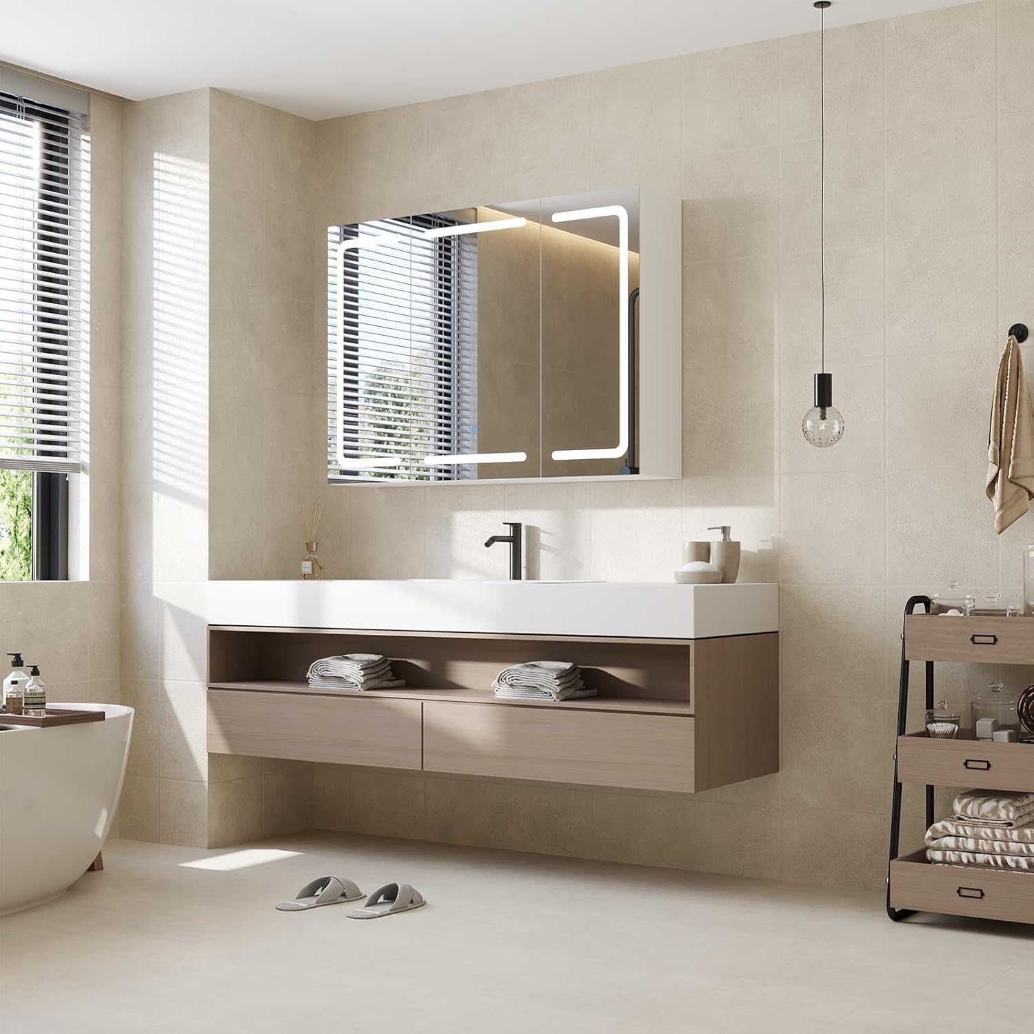 DICTAC Spiegelschrank Bad mit Beleuchtung und Steckdose Badezimmerschrank mit Spiegel und Verstellbarem Regal,Badschrank mit 3 Türen,Wandschrank,Hängeschrank,3 Farbtemperatur Dimmbare,80x60x16cm,Weiß