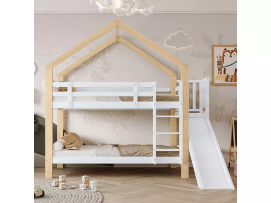 Lits Superposés 2x90x200cm avec toboggan - lit cabane - cadre de lit en bois massif - Blanc+Naturel