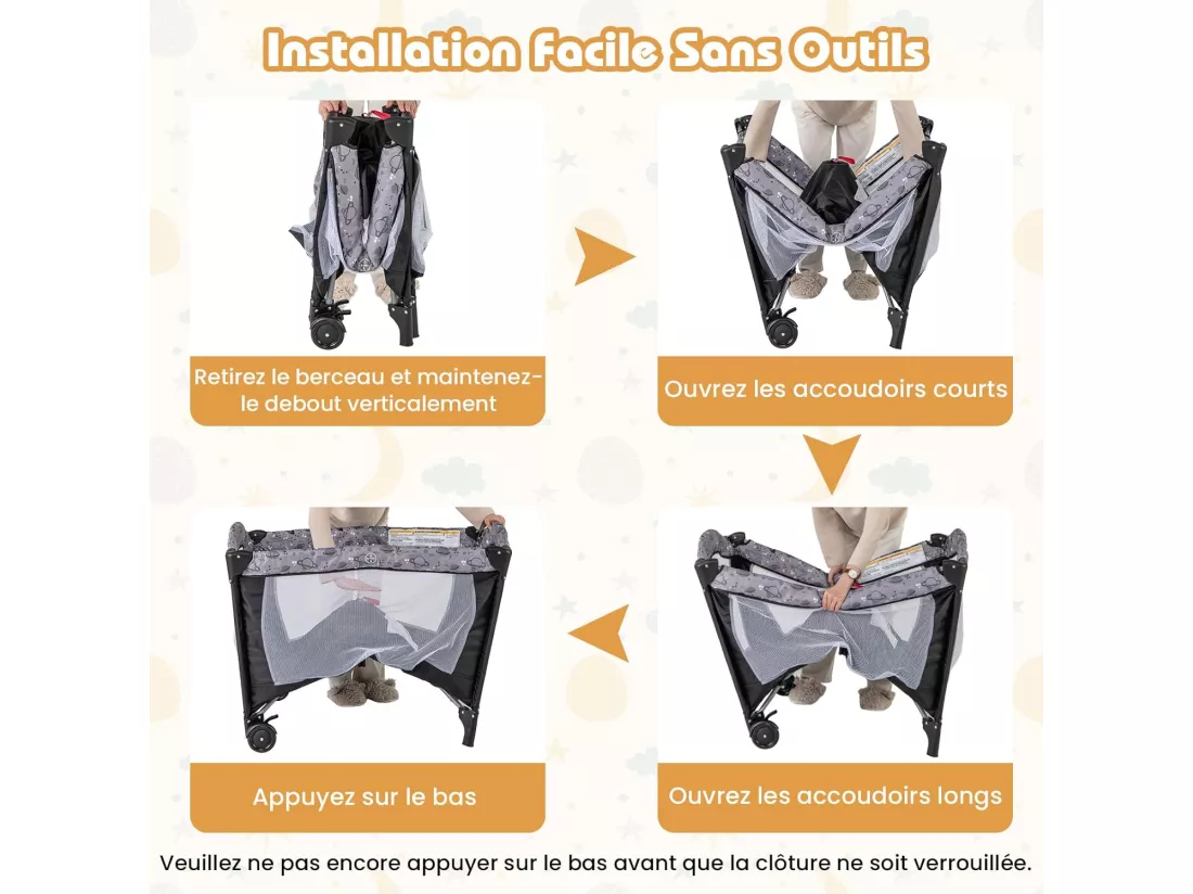 4 en 1 Lit Parapluie Bébé avec Matelas & Table à Langer, Lit Bébé avec 3 Jouets Mignons & Boîte à Musique, Sac de Transport, 102x72cm, Charge 9kg, Gris