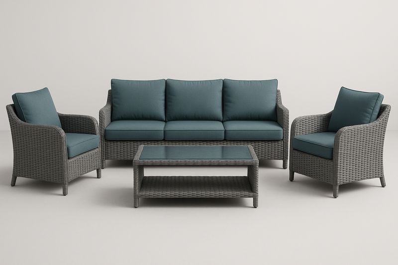 Outdoor Garten Lounge Set Rattan Gewebe Blau 3-Sitzer Sofa + 2 Sessel + Couchtisch